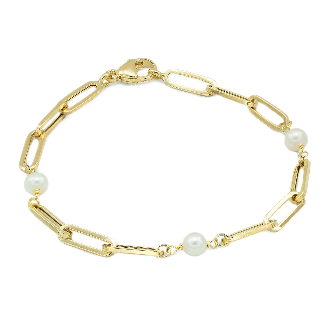 Pulseira ZERUS Ouro 9K Elos e Pérolas PU90112